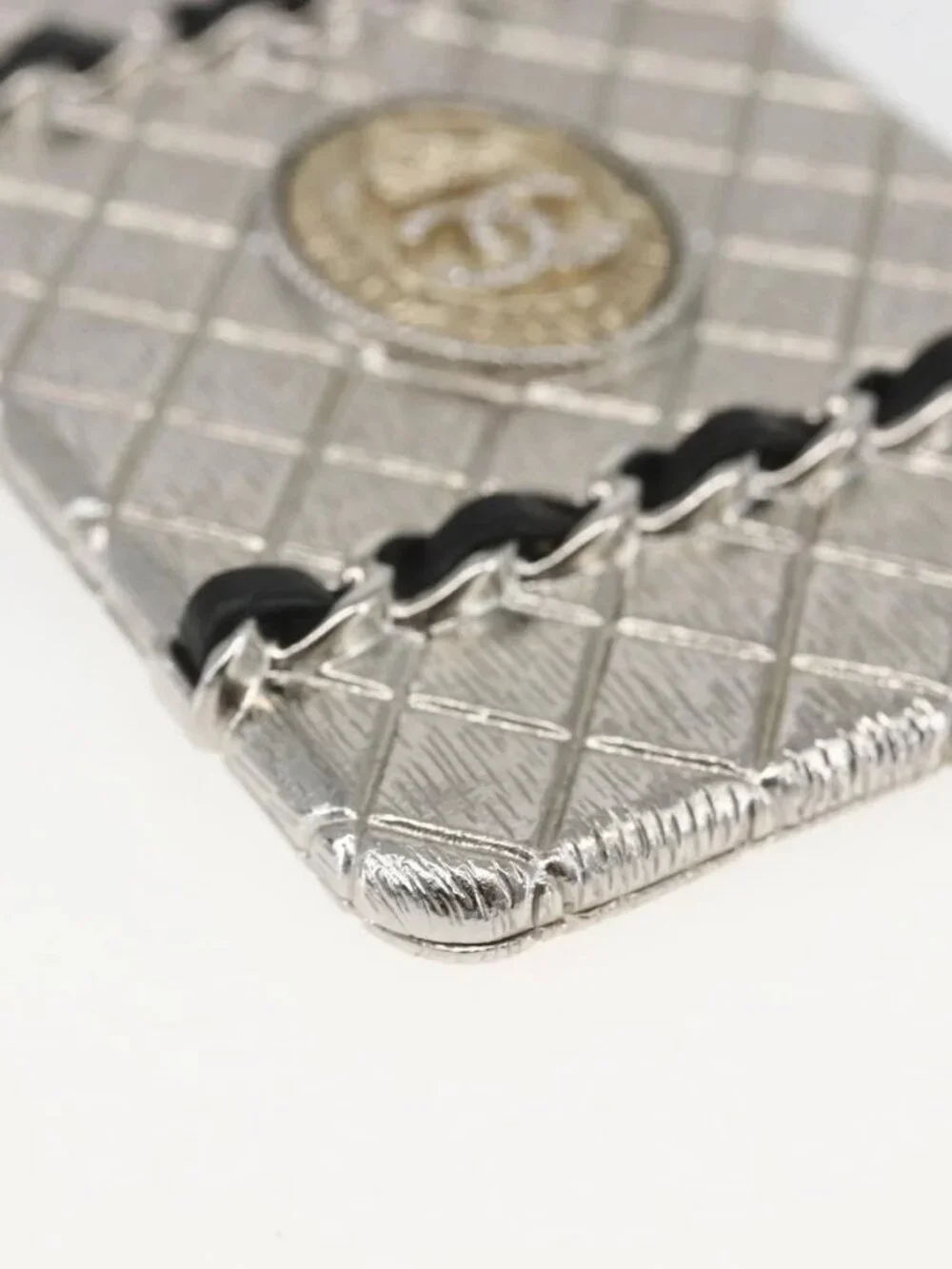 CHANEL Chain Neck Card Case metal Silver tone CC Auth 164711SM